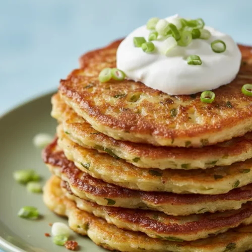 A stack of freshly made Boxty, Irish potato pancakes, topped with a dollop of cream and chopped scallions on a light green plate, showcasing their porous texture and golden-brown color.