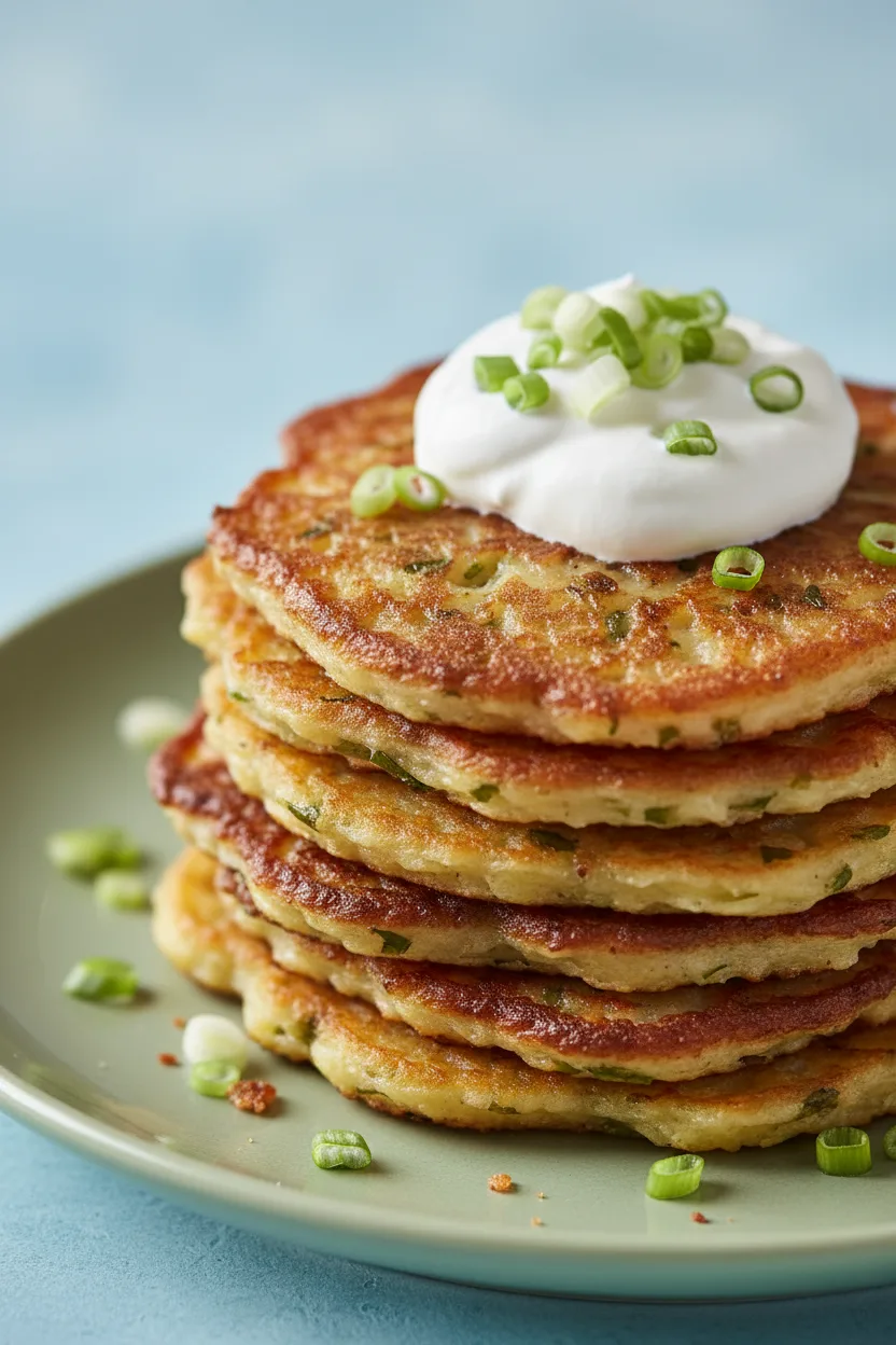 A stack of freshly made Boxty, Irish potato pancakes, topped with a dollop of cream and chopped scallions on a light green plate, showcasing their porous texture and golden-brown color.