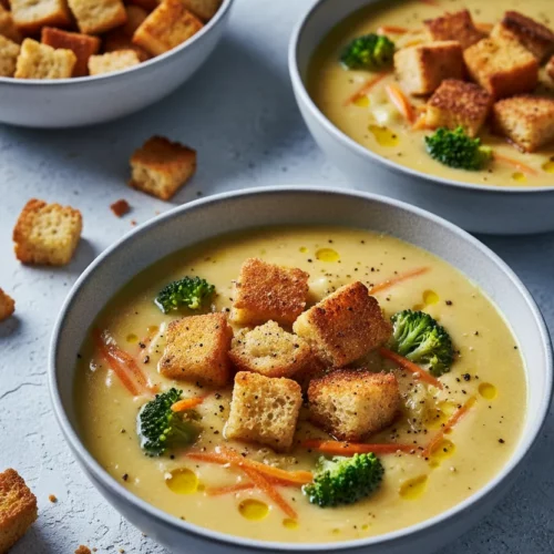 Three bowls of broccoli cheese soup topped with crusty bread croutons, sprinkled with black pepper. The soup contains broccoli florets and carrot shreds. Spoons are arranged beside the bowls.