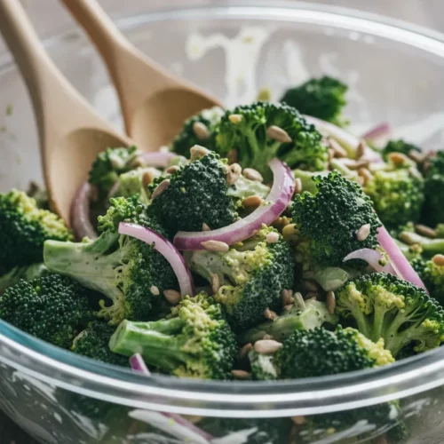 Close-up of a vibrant broccoli salad featuring bright green florets, a creamy dressing, red onion, and sunflower seeds in a clear glass bowl, capturing a commercial food photography style with a shallow depth of field.