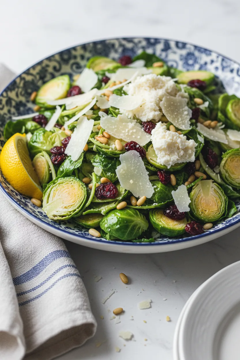 A bowl of Brussels sprouts salad sits on a white marble surface, featuring shredded sprouts, toasted pine nuts, dried cranberries, and grated parmesan cheese. A lemon wedge and a silver spoon are also in the bowl. A striped linen napkin is to the side.
