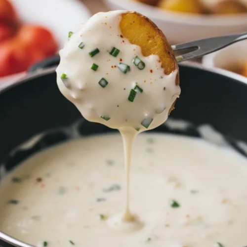 A piece of food, possibly bread or potato, coated in a creamy, off-white non-alcoholic cheese fondue, held on a thin metal fondue fork above a black and stainless steel fondue pot.