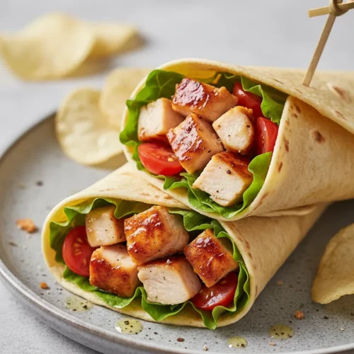Two stacked chicken Caesar wraps on a speckled grey plate. The wraps contain diced chicken, bright green lettuce, and quartered cherry tomatoes. Plain crispy chips are scattered behind the wraps. A wooden skewer holds the top wrap together.