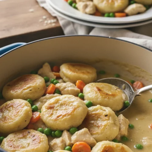 A comforting serving of chicken and dumplings in a rustic, enamel-coated pot with a blue handle and a stainless steel serving spoon resting within. A white ceramic plate with another serving of chicken and dumplings sits above it, alongside a light colored crumpled linen napkin.