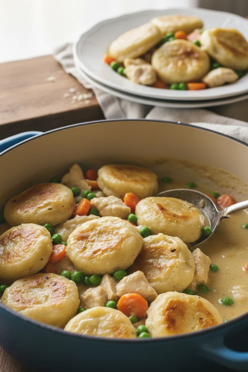 A comforting serving of chicken and dumplings in a rustic, enamel-coated pot with a blue handle and a stainless steel serving spoon resting within. A white ceramic plate with another serving of chicken and dumplings sits above it, alongside a light colored crumpled linen napkin.