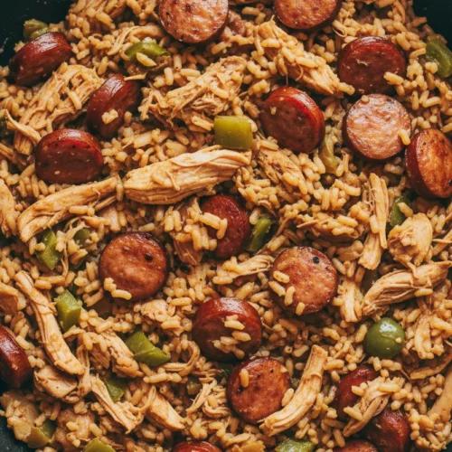 Overhead view of a pan of Chicken and Turkey Sausage Jambalaya. The dish contains shredded chicken, sliced turkey sausage, rice, and diced green bell peppers, all thoroughly simmered in a dark, non-stick pan.