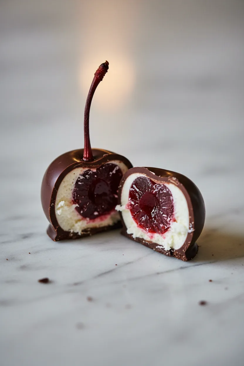 A halved chocolate-covered cherry showcasing a smooth, reflective chocolate shell with minor imperfections, a fluffy white cream layer, and a glistening, translucent, deep red cherry filling with a dark maroon stem, all centered on a light gray marble surface.