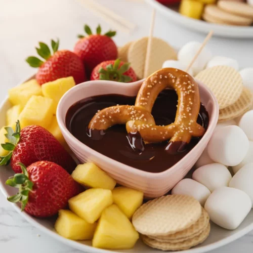 A chocolate fondue platter for two, featuring a dark chocolate dip in a heart-shaped bowl with strawberries, pineapple, vanilla wafers, pretzels, and marshmallows arranged on a white marble surface.