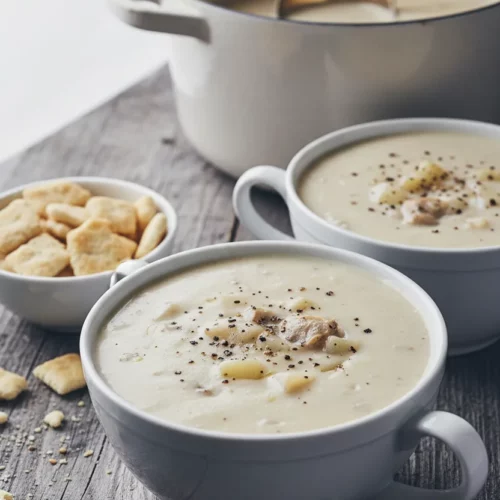 Creamy New England Clam Chowder served in white ceramic bowls on a weathered gray wood surface, garnished with cracked black pepper. A large white pot with a golden ladle and a small bowl of oyster crackers are also present.