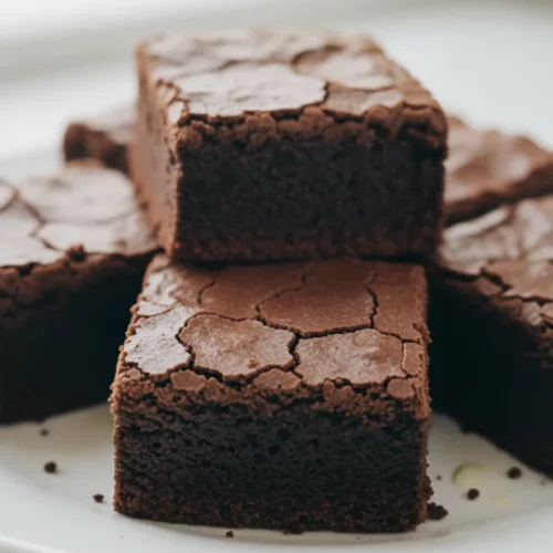 A collection of classic fudgy brownies with a crispy, cracked top and a dense, moist interior, arranged closely on a white surface.