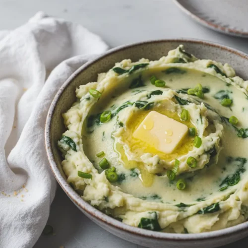 A bowl of Colcannon, Irish mashed potatoes with spinach and scallions, topped with melting butter. The potatoes are fluffy and slightly lumpy, with a rustic, homemade look under bright, natural light.
