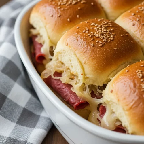 A cluster of Reuben sliders arranged in a white ceramic baking dish, featuring pillowy buns with sesame seeds, thinly sliced corned beef, sauerkraut, and melted Swiss cheese. The Corned Beef Sliders are toasted golden-brown and sit on a wooden table next to a grey-and-white checkered linen napkin.