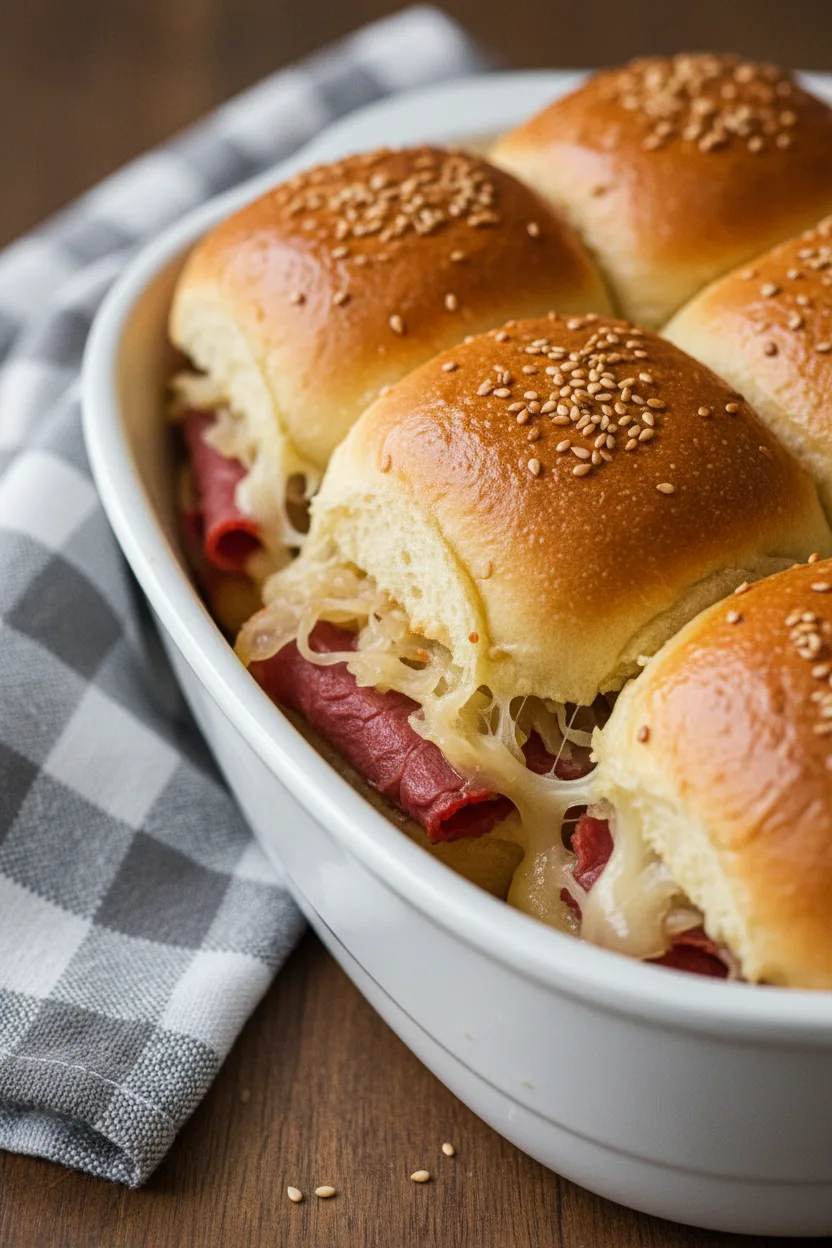 A cluster of Reuben sliders arranged in a white ceramic baking dish, featuring pillowy buns with sesame seeds, thinly sliced corned beef, sauerkraut, and melted Swiss cheese. The Corned Beef Sliders are toasted golden-brown and sit on a wooden table next to a grey-and-white checkered linen napkin.