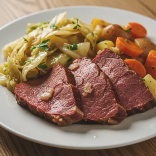 Slices of tender corned beef and wilted cabbage with soft carrots and potatoes, slow-cooked to perfection and garnished with parsley. The dish is arranged on a white plate, showcasing the corned beef and cabbage (slow cooker) textures and colors, under soft, diffused light.
