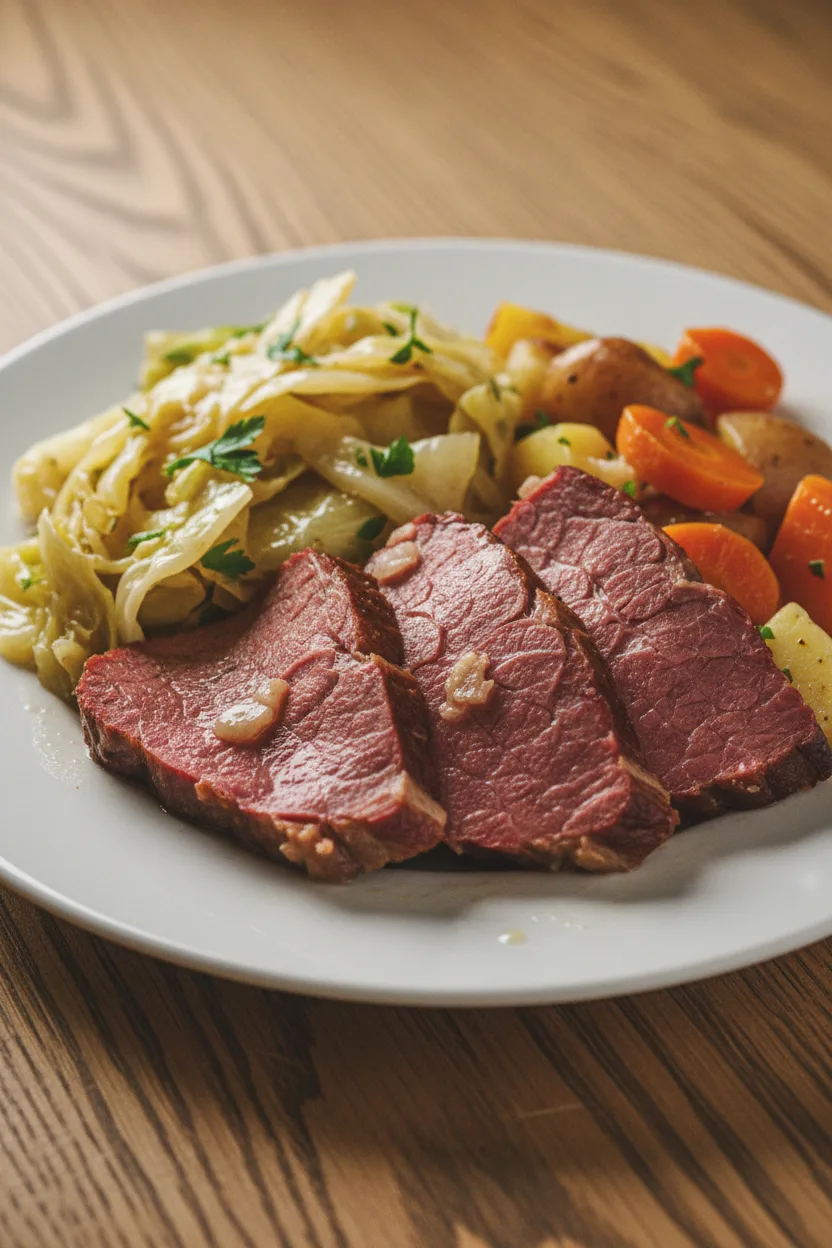 Slices of tender corned beef and wilted cabbage with soft carrots and potatoes, slow-cooked to perfection and garnished with parsley. The dish is arranged on a white plate, showcasing the corned beef and cabbage (slow cooker) textures and colors, under soft, diffused light.