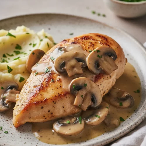 A creamy chicken marsala dish featuring a pan-seared chicken breast covered in a mushroom sauce, served with mashed potatoes and herbs on a speckled ceramic plate. The dish is lit with soft, diffused light highlighting the creamy texture of the sauce and the moistness of the chicken.