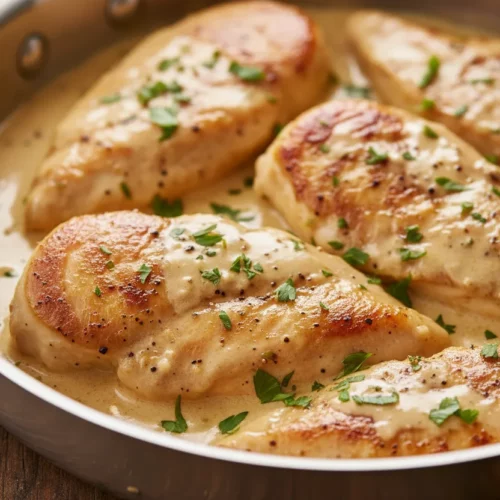 A skillet filled with creamy garlic chicken, featuring browned chicken pieces covered in a glossy, viscous sauce, garnished with scattered fresh parsley and visible specks of black pepper. The lighting highlights the moist texture and slight imperfections of the chicken.
