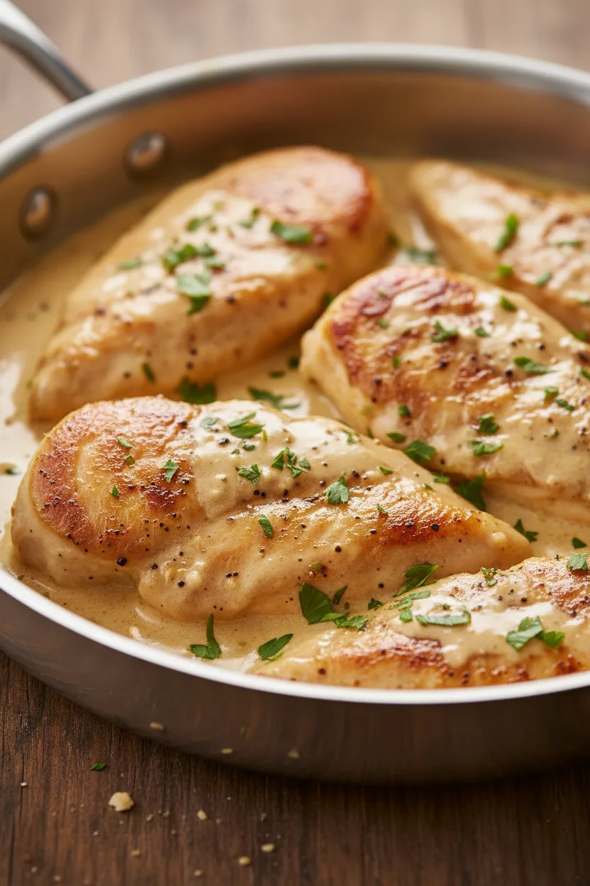 A skillet filled with creamy garlic chicken, featuring browned chicken pieces covered in a glossy, viscous sauce, garnished with scattered fresh parsley and visible specks of black pepper. The lighting highlights the moist texture and slight imperfections of the chicken.