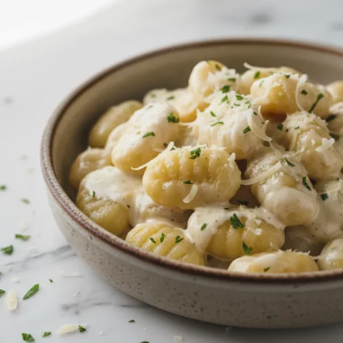 Creamy pesto gnocchi in a rustic ceramic bowl on a white marble surface. The gnocchi are soft and covered in a rich, creamy pesto sauce, garnished with grated cheese and parsley.
