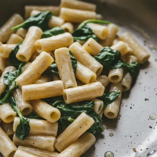Creamy spinach pasta served in a brushed steel skillet. The pasta is coated in a creamy sauce, and the spinach leaves cling to the noodles.