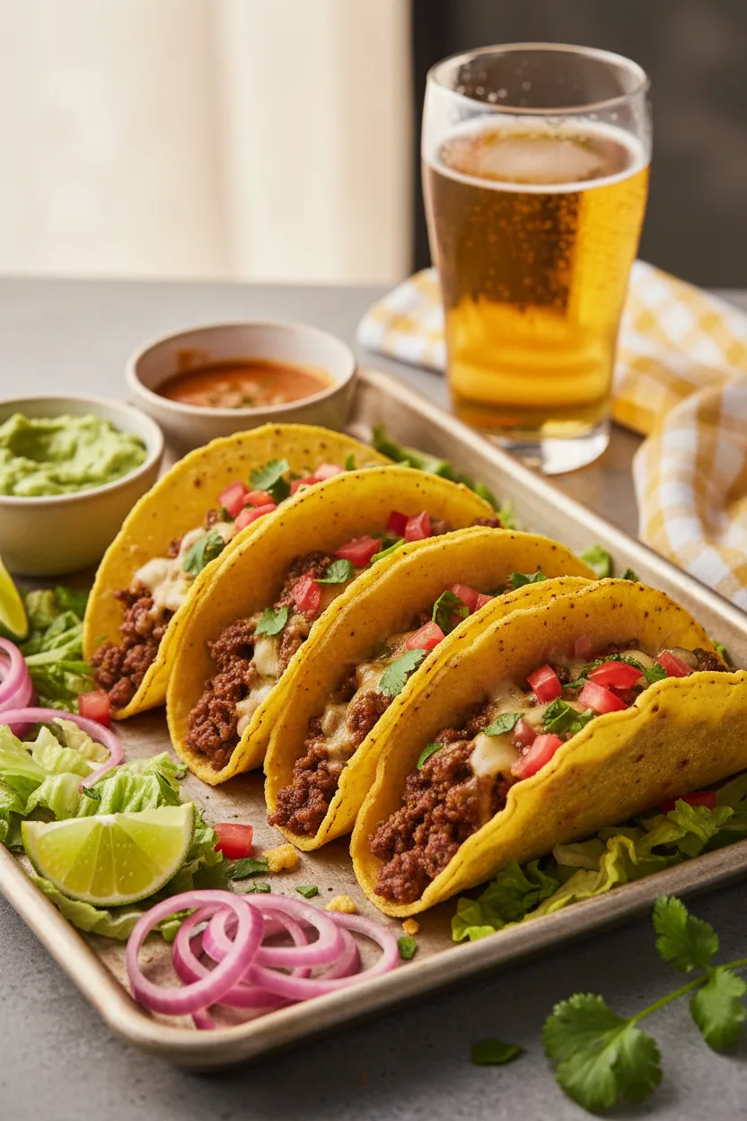 A platter of crispy beef tacos on a weathered silver baking sheet, overflowing with seasoned ground meat, diced tomatoes, chopped cilantro, and melted cheese. Garnishes include lime wedges, pickled red onions, guacamole, pico de gallo, and creamy orange sauce. A pint glass of golden beer and a yellow checkered kitchen towel are also present.