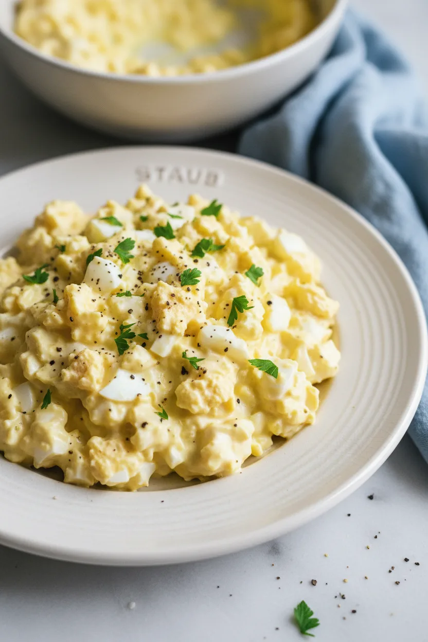 A creamy and healthy egg salad sandwich on a textured, off-white ceramic plate with 'Staub' embossed along the rim. A silver fork rests on the plate, and the plate is placed on a light gray marble surface. A partially visible bowl of egg salad sits blurred in the upper left, next to a powder blue linen napkin.