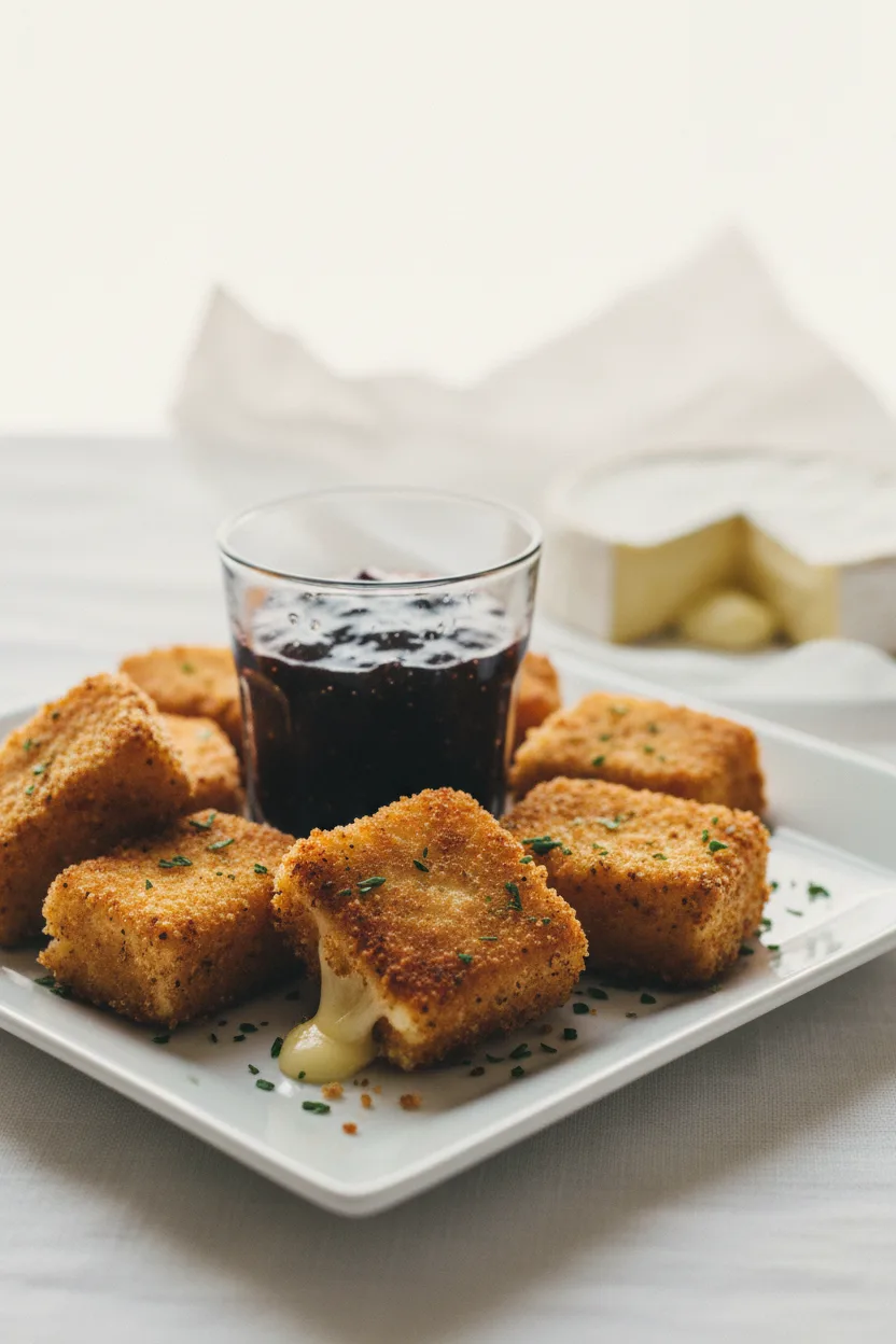 Crispy fried brie cubes arranged on a white plate, served with a clear glass of dark jam. A block of brie rests on white parchment paper in the background.
