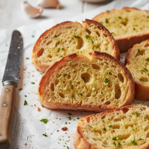 Slices of homemade garlic bread arranged on parchment paper, glistening with garlic-infused oil, sprinkled with parsley, and showing slightly burnt edges. Garlic cloves and a bowl of parsley are in the background, with a vintage knife to the left.