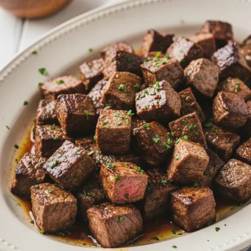 Overhead shot of garlic butter steak bites, lightly charred and glistening with a dark brown sauce, arranged on an oval platter with chopped parsley.