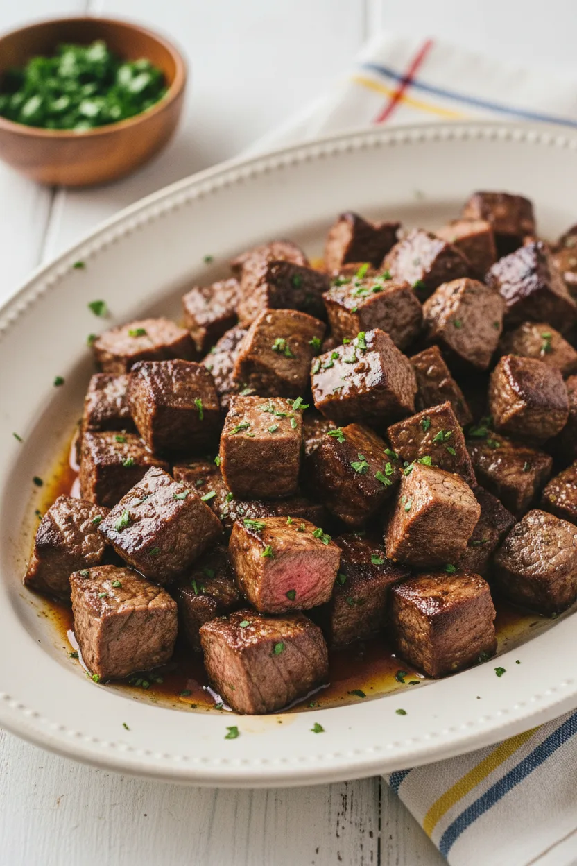 Overhead shot of garlic butter steak bites, lightly charred and glistening with a dark brown sauce, arranged on an oval platter with chopped parsley.