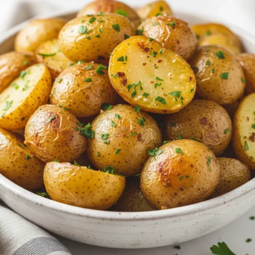 A bowl of Garlic Roasted Potatoes, seasoned with herbs, sits next to a silver serving spoon and a folded gray and white striped linen napkin. Sprigs of fresh parsley are scattered around the base of the bowl on a bright, off-white surface.