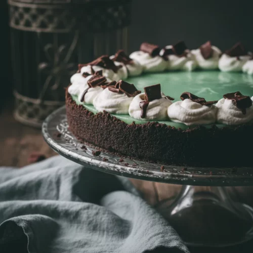A dark and moody image of a Grasshopper Pie with a dark chocolate cookie crust, light green gelatinous filling, whipped cream, and dark chocolate curls on a clear glass cake stand with a grey-blue linen napkin in the foreground.