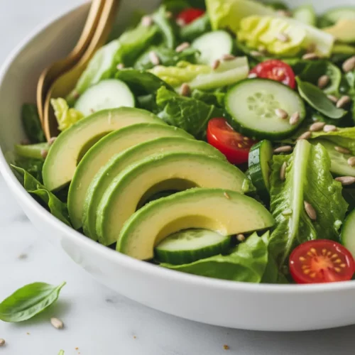 A vibrant Green Goddess Salad in a white ceramic bowl features avocado slices, crisp lettuce, diced cucumber, slightly crushed tomatoes, and sunflower seeds. Gold salad servers are partially submerged in the salad, and loose basil leaves are scattered on a light grey marble surface.
