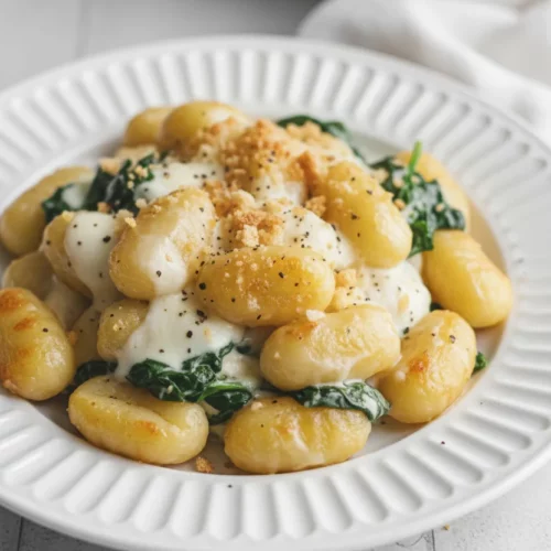 A plate of green mac and cheese (spinach) featuring plump gnocchi coated in a creamy cheese sauce with spinach and toasted breadcrumbs. The dish is presented on a white decorative plate with gold-toned spoons, against a pale gray textured background.