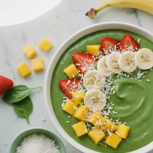 Overhead view of a vibrant green smoothie bowl topped with fresh mango cubes, sliced strawberries, shredded coconut, and banana slices. Spinach leaves and a small bowl of coconut flakes are arranged around the bowl on a light gray marbled surface. The scene is brightly lit, highlighting the fresh ingredients of the green smoothie bowl.