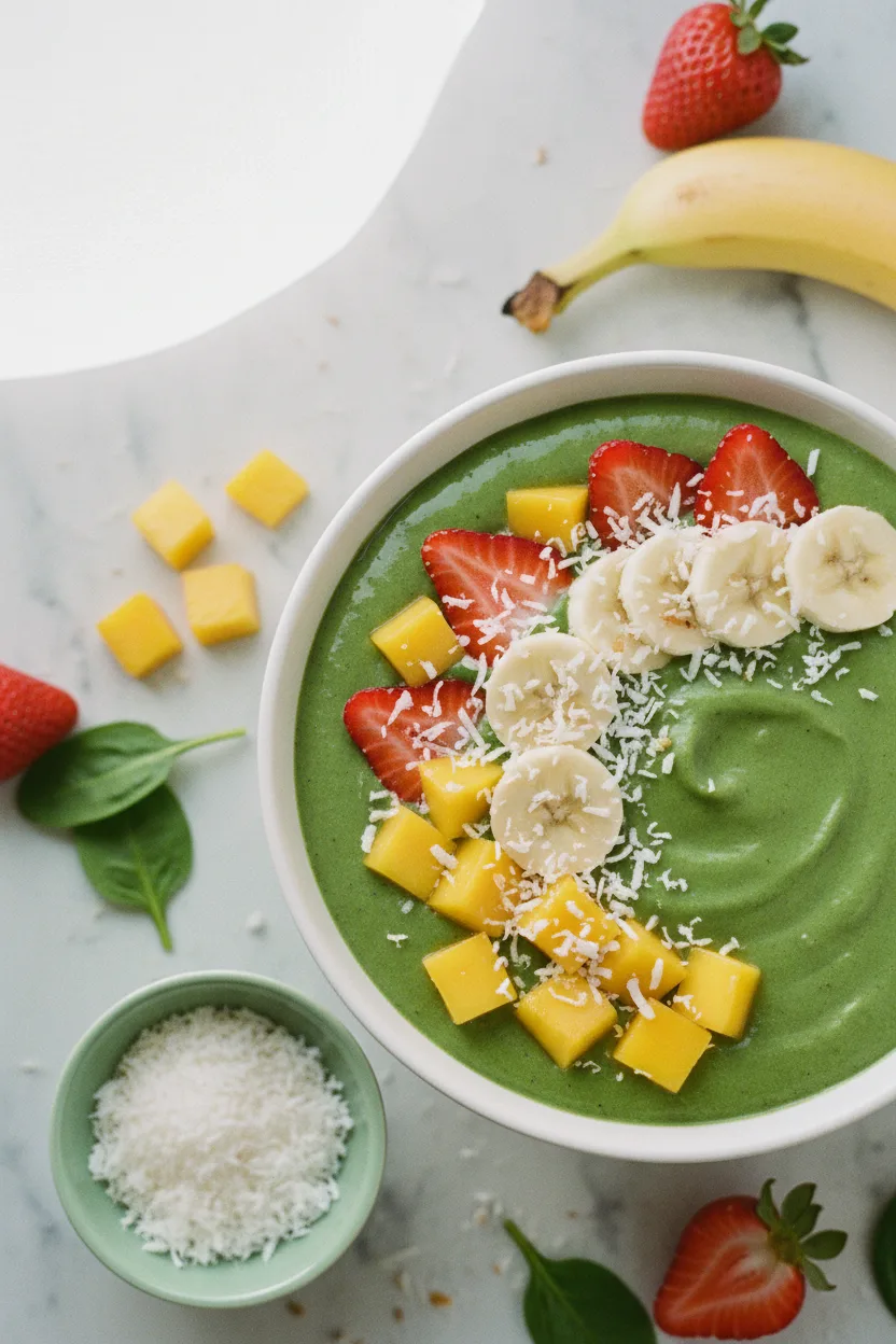 Overhead view of a vibrant green smoothie bowl topped with fresh mango cubes, sliced strawberries, shredded coconut, and banana slices. Spinach leaves and a small bowl of coconut flakes are arranged around the bowl on a light gray marbled surface. The scene is brightly lit, highlighting the fresh ingredients of the green smoothie bowl.