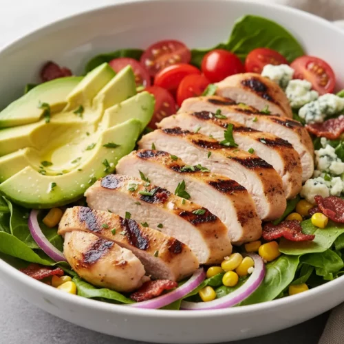 A vibrant grilled chicken salad featuring sliced grilled chicken breasts, ripe avocado, halved cherry tomatoes, crisp bacon bits, crumbled blue cheese, fresh greens, red onion slivers, and corn kernels, all arranged in a glossy white bowl on a grey stone surface.