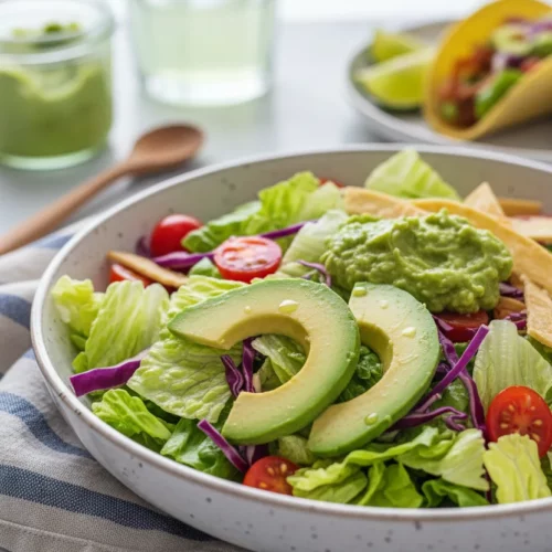A vibrant and appetizing healthy taco salad bowl filled with fresh ingredients like avocado, tortilla strips, cherry tomatoes, lettuce, red cabbage, and guacamole, set on a white marble surface. A hand holds a fork, ready to enjoy the healthy taco salad bowl.
