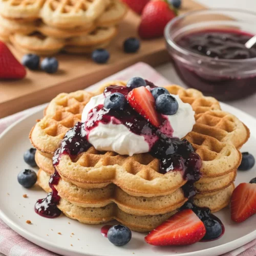 A stack of heart-shaped waffles topped with whipped cream, dark-purple jam, and sliced strawberries with blueberries scattered around, showcasing a homemade heart shaped waffles recipe.