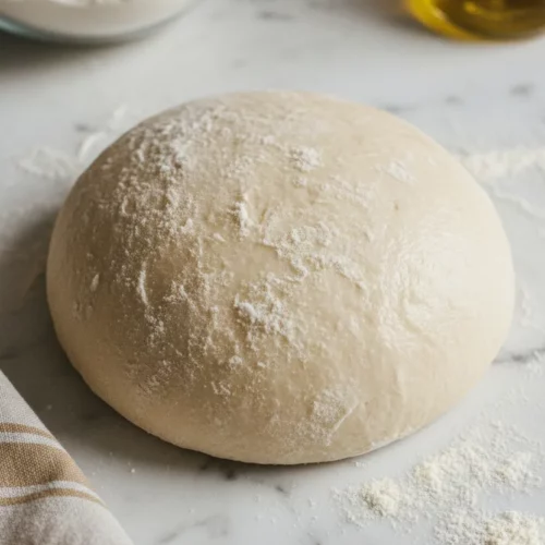 A round ball of homemade pizza dough sits centered on a white marble surface dusted with flour. A glass bowl of flour is in the upper left, and olive oil is in the upper right. A tan striped linen napkin is in the lower left corner.