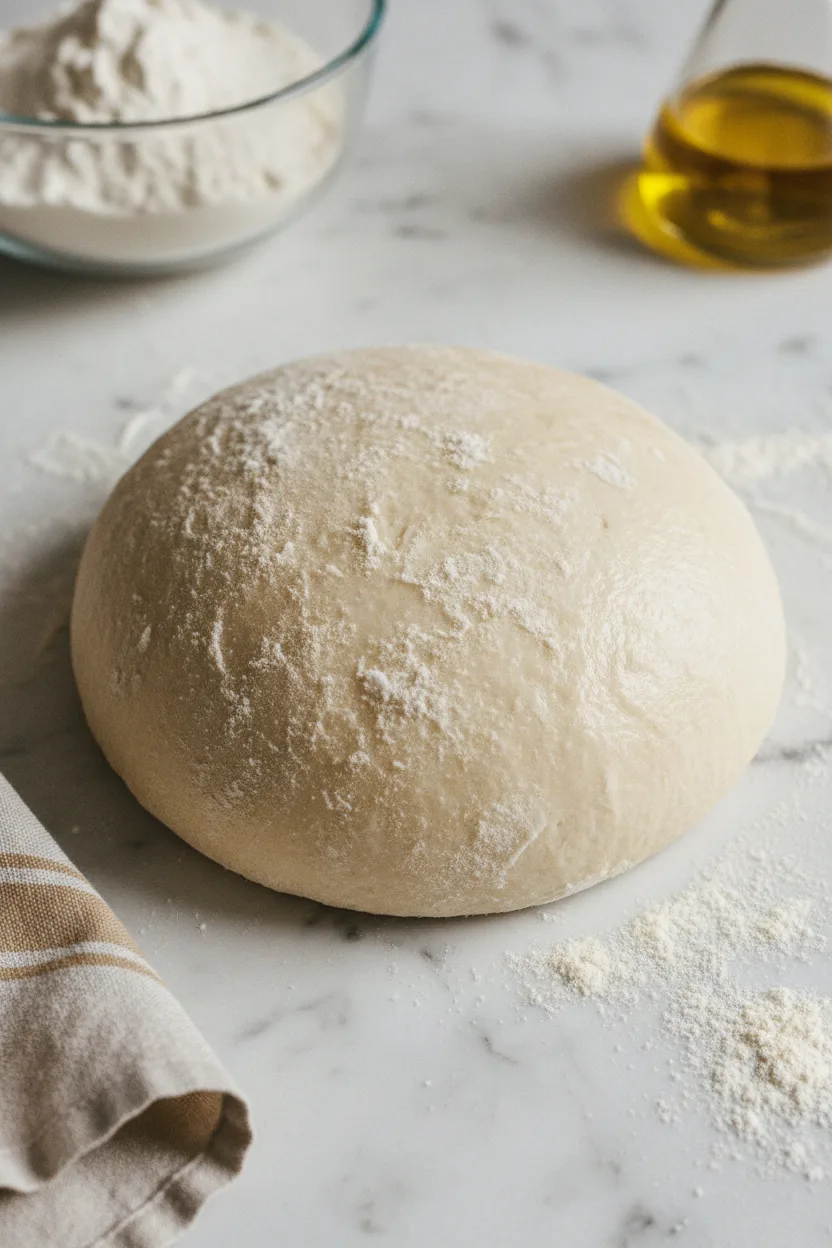 A round ball of homemade pizza dough sits centered on a white marble surface dusted with flour. A glass bowl of flour is in the upper left, and olive oil is in the upper right. A tan striped linen napkin is in the lower left corner.
