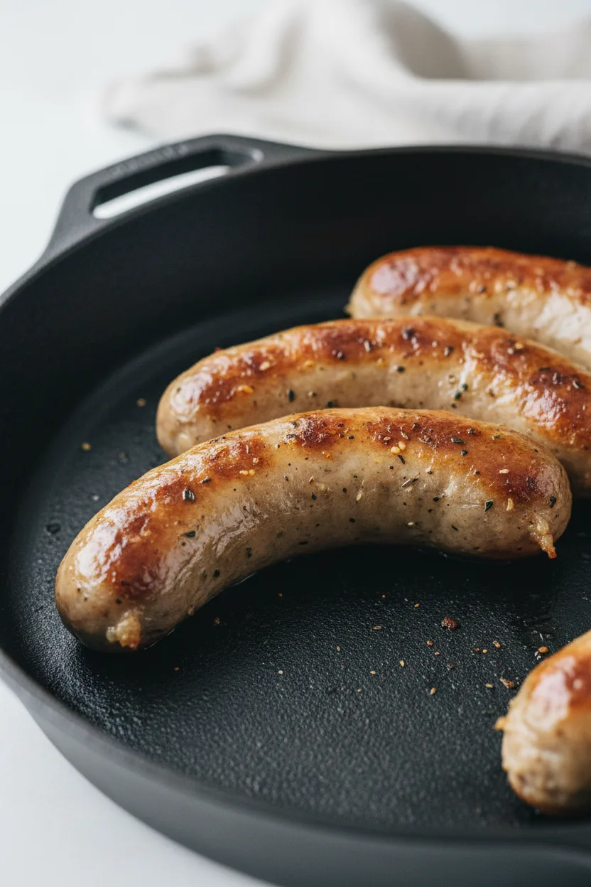 A cast iron skillet filled with cooked Irish banger sausages (beef sausage). The sausages are golden-brown with slightly blistered casings, seasoned with herbs and spices. A crumpled linen napkin and a silver fork are visible near the skillet.