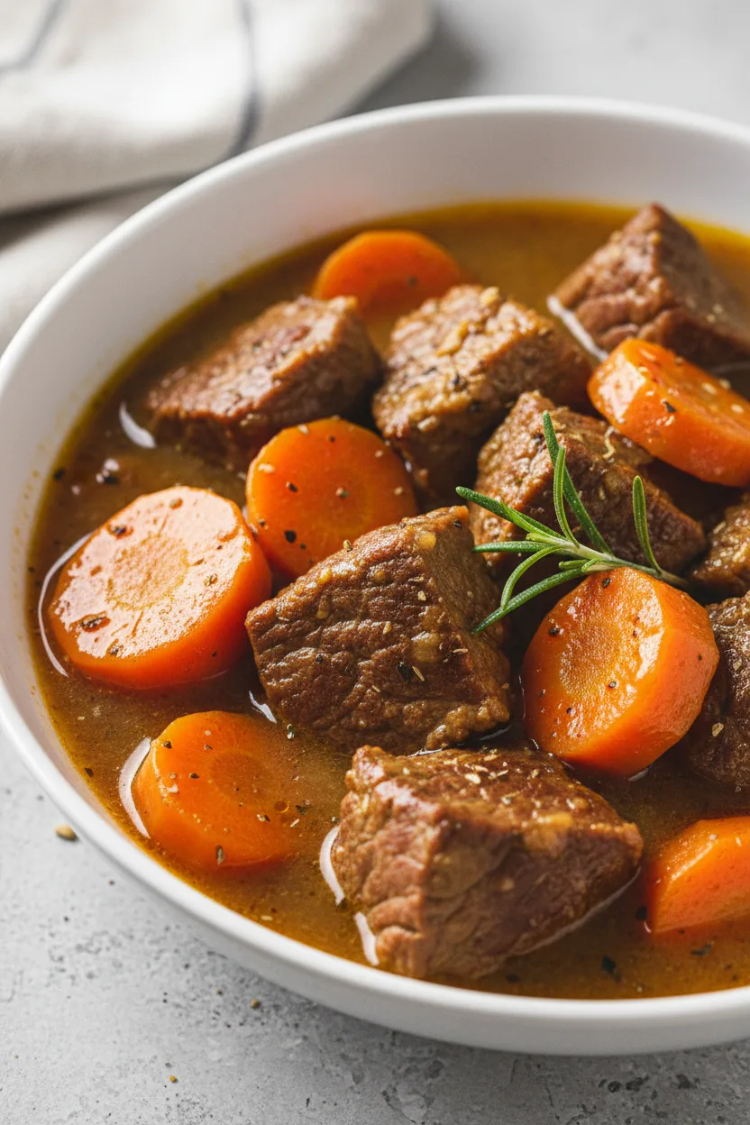 A bowl of Irish beef stew (no beer) featuring browned beef chunks, vibrant orange carrots, and a thick, savory sauce. A silver spoon rests in the stew, and a sprig of rosemary adds a touch of green. The stew is served in a white ceramic bowl on a light gray backdrop with a patterned linen napkin.