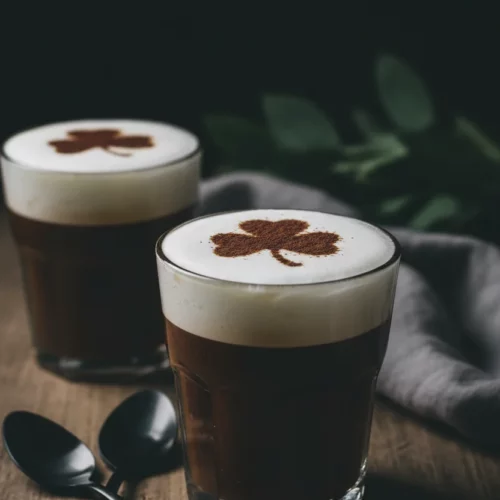 Two glasses of non-alcoholic Irish coffee with a dark brown liquid and a pillowy white cream topping dusted with a shamrock stencil of cocoa powder. The coffees sit on a rustic wooden table with spoons and a gray linen napkin, accented by green foliage.