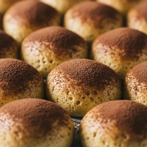 A grid of golden-brown, roughly oval Irish Potato Candy dusted with cocoa powder, resting on a pale robin's-egg blue surface. The cinnamon and coconut dough balls have a porous texture and soft lighting.