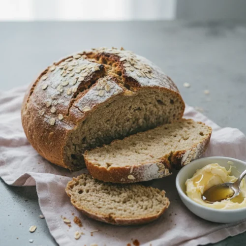 Rustic loaf of Irish Soda Bread (No Yeast) partially sliced, dusted with flour and rolled oats, resting on a pink and white linen tea towel with butter and honey in a white ceramic bowl.