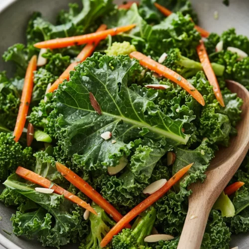 A vibrant kale salad with lemon dressing, featuring curly kale, shredded carrots, broccoli, and slivered almonds, lightly coated with dressing in a shallow grey bowl, highlighted by soft, diffused light and a rustic wooden serving spoon.