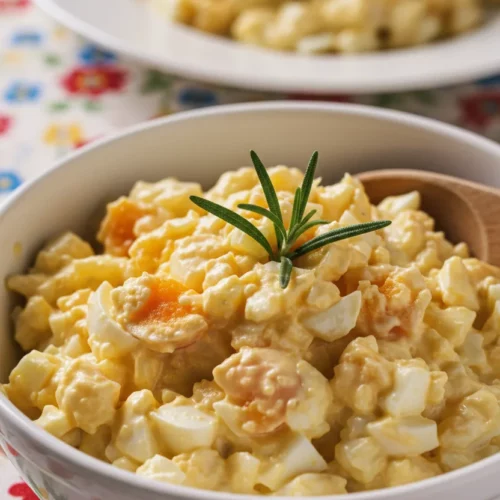 Creamy Keto Egg Salad in a white bowl, garnished with rosemary, presented on a floral tablecloth. A wooden spoon rests in the salad, with another serving blurred in the background.