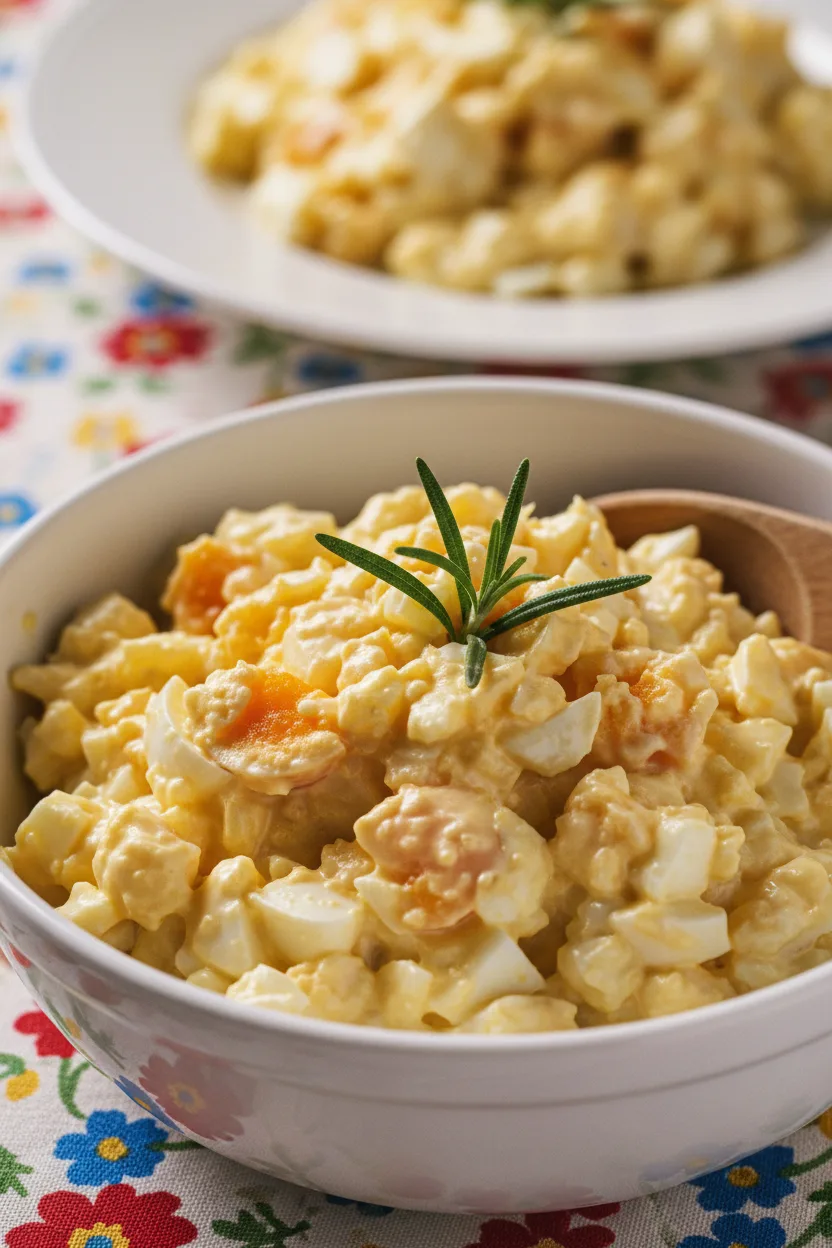 Creamy Keto Egg Salad in a white bowl, garnished with rosemary, presented on a floral tablecloth. A wooden spoon rests in the salad, with another serving blurred in the background.