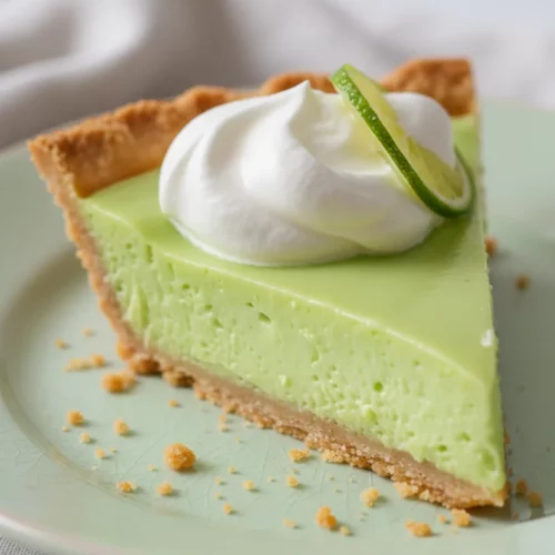 A slice of key lime pie with a smooth, gelatinous filling and a golden-brown crumbly crust. It's topped with a billowy dollop of whipped cream and a thin slice of lime, presented on a pale green plate.